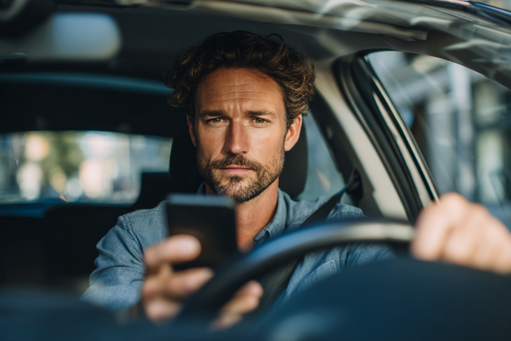 man driving with a phone in hand
