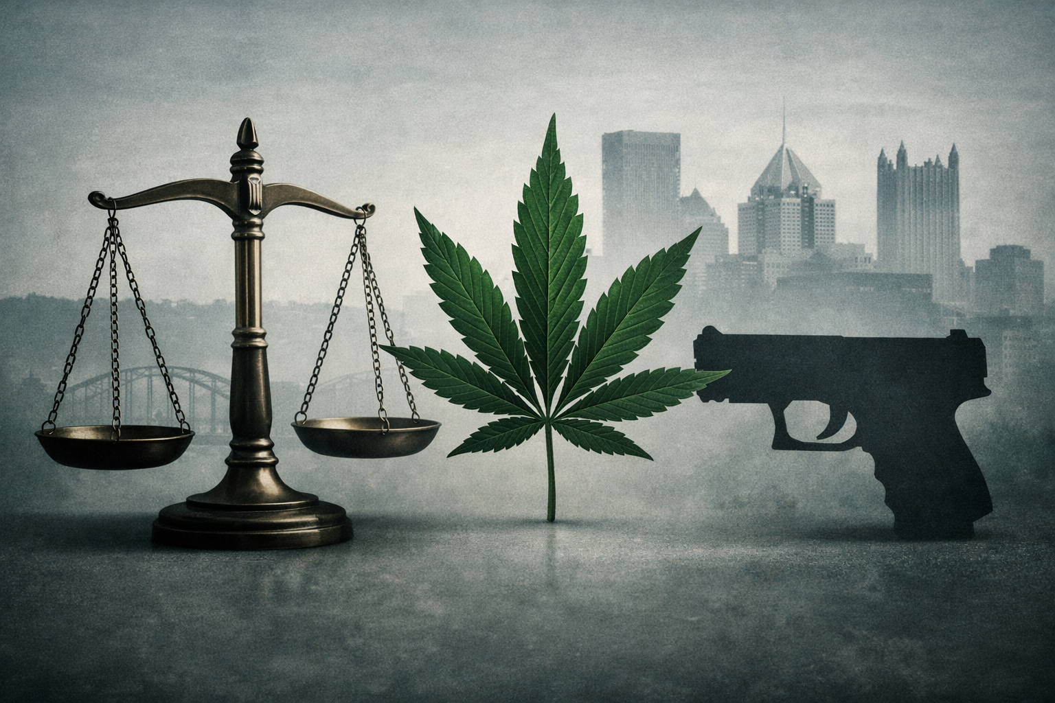 cannabis leaf, scales of justice and a gun with Pittsburgh background