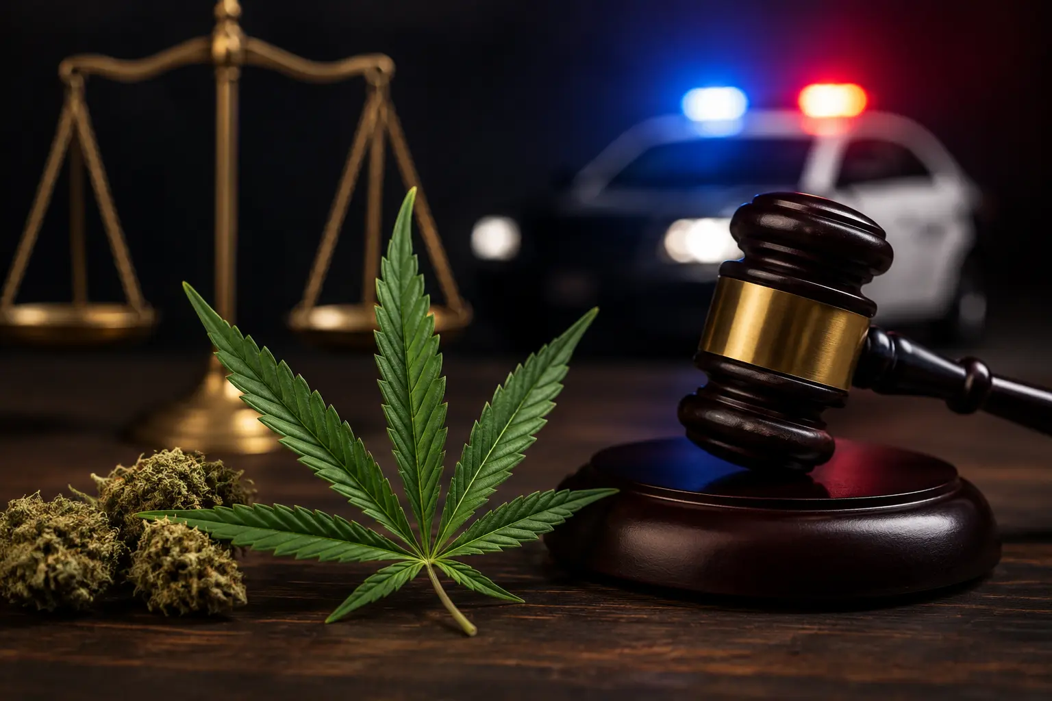 Cannabis leaf, judge’s gavel, scales of justice, and police lights representing Pennsylvania medical marijuana DUI law and Schedule III legal issues.