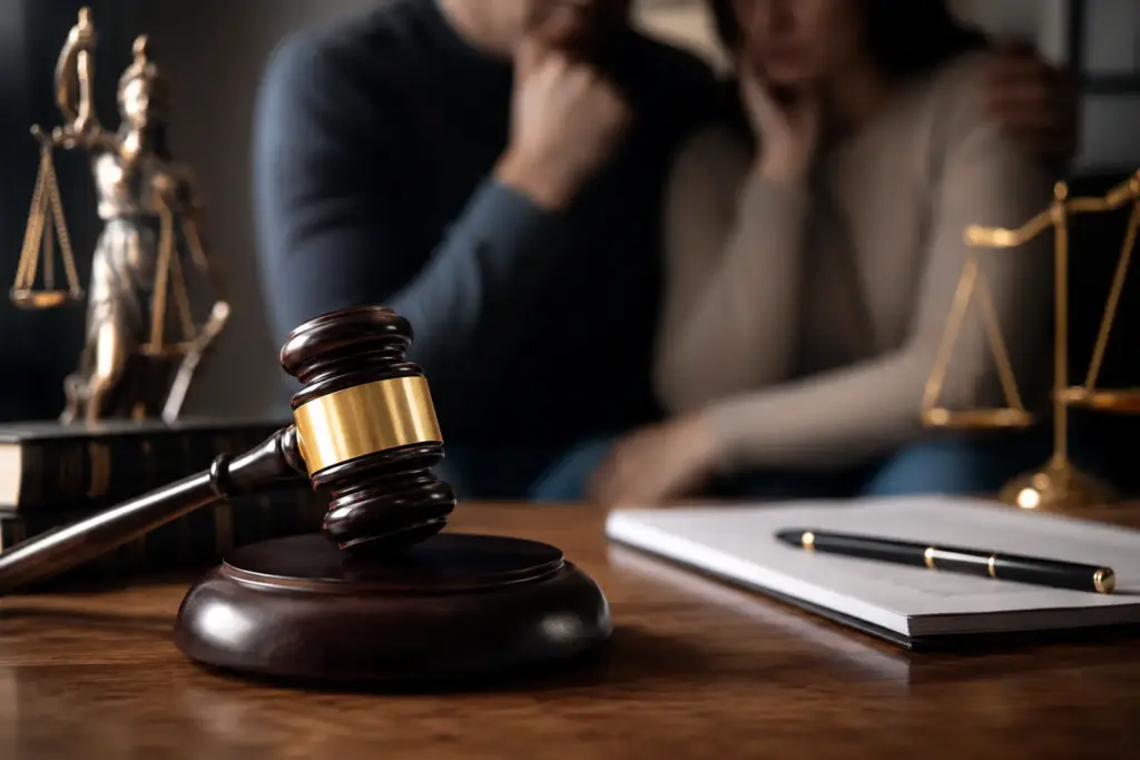 Gavel on a desk with legal documents and concerned family members in the background for criminal defense resources article.