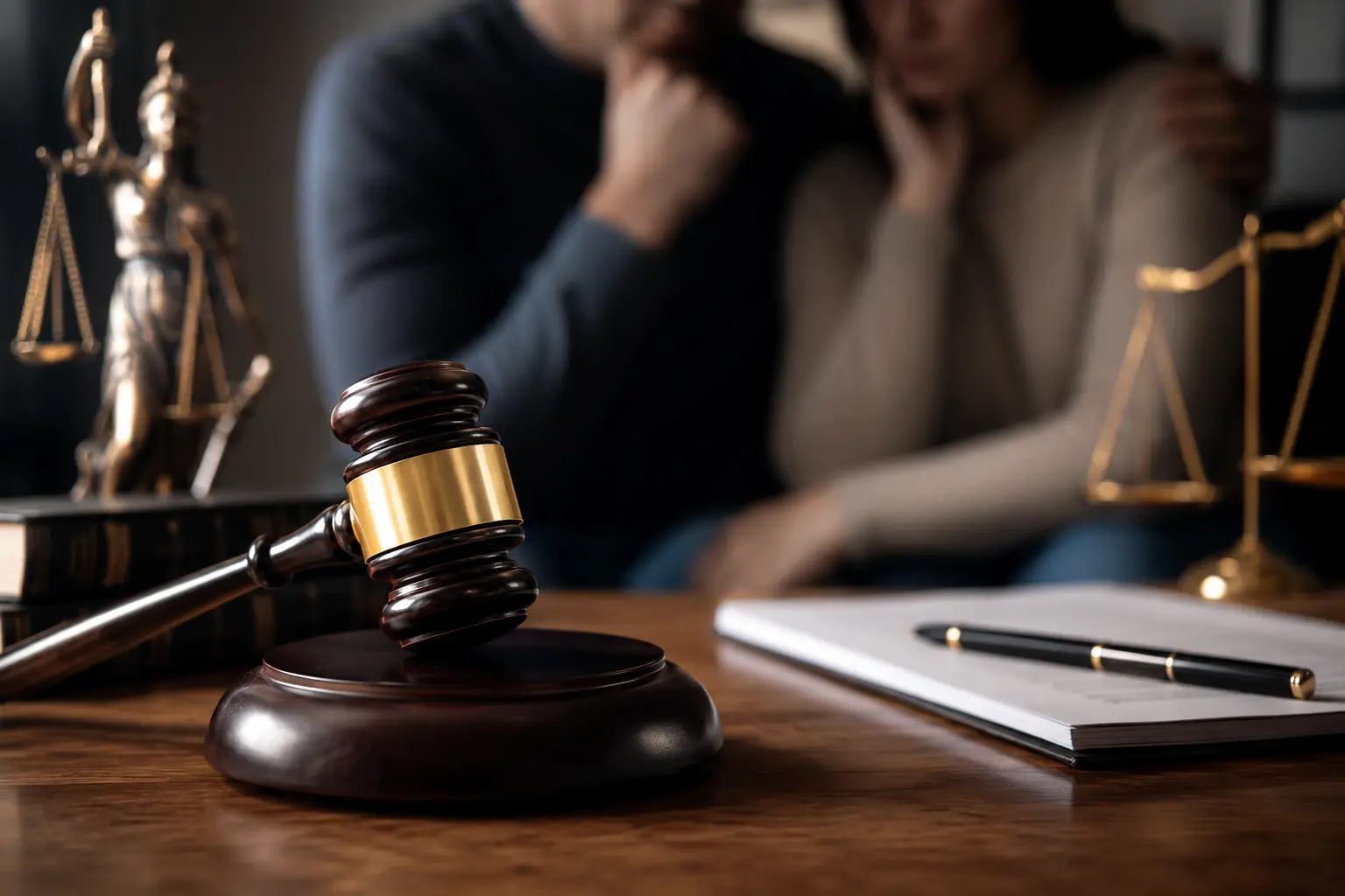 Gavel on a desk with legal documents and concerned family members in the background for criminal defense resources article.