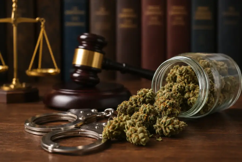 Cannabis buds spilling from a glass jar beside handcuffs, a gavel, and scales of justice on a law office desk.