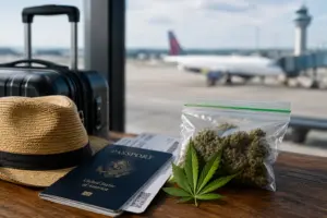 Medical marijuana, travel documents, and airport luggage showing the legal risks of bringing out of state cannabis products into Pennsylvania.