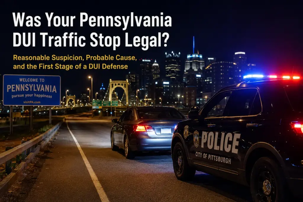 Police vehicle conducting a nighttime DUI traffic stop on a Pittsburgh roadway with the city skyline in the background.