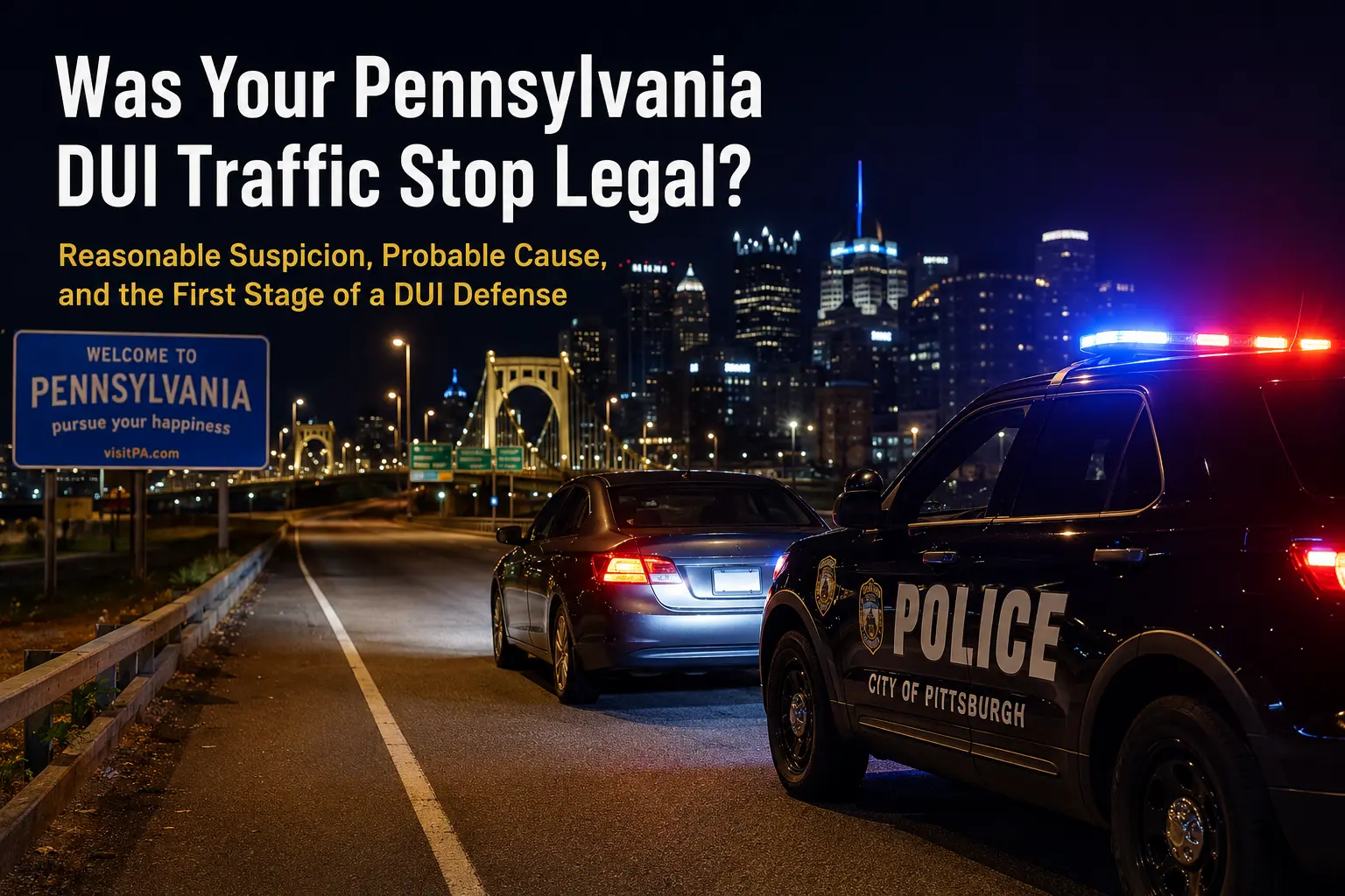 Police vehicle conducting a nighttime DUI traffic stop on a Pittsburgh roadway with the city skyline in the background.