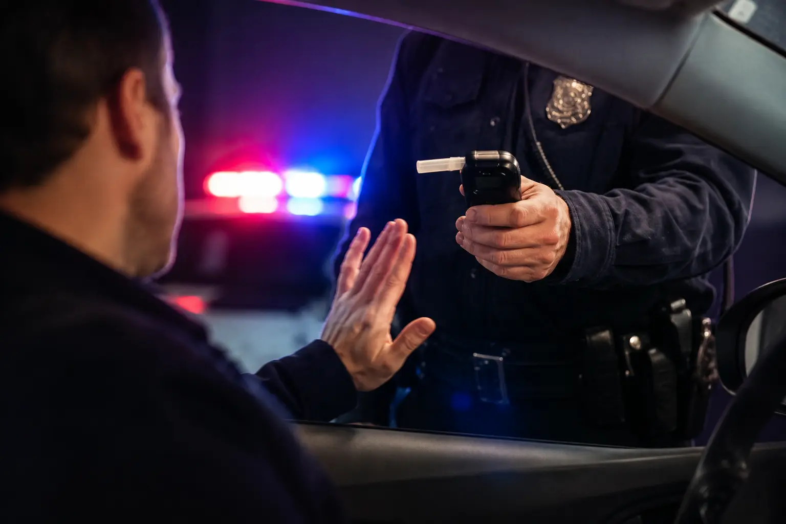 Police officer holding a breath test device during a nighttime Pennsylvania traffic stop while a driver raises a hand in response.