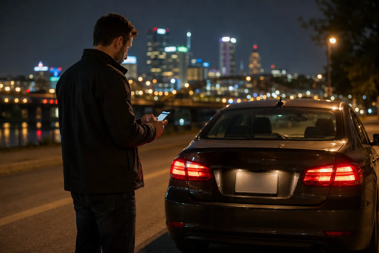 Pennsylvania driver standing beside a parked car at night while arranging transportation on a phone, with illuminated taillights and the Pittsburgh skyline in the background.
