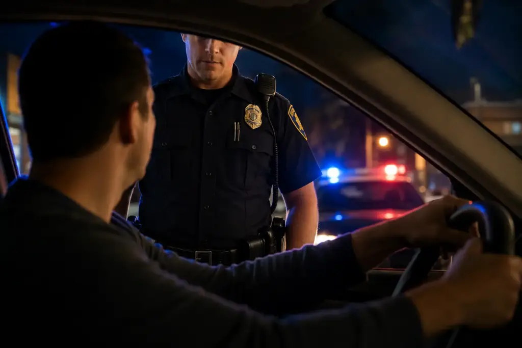 Police officer speaking with a driver through an open car window during a nighttime traffic stop, with red and blue patrol lights visible in the background.
