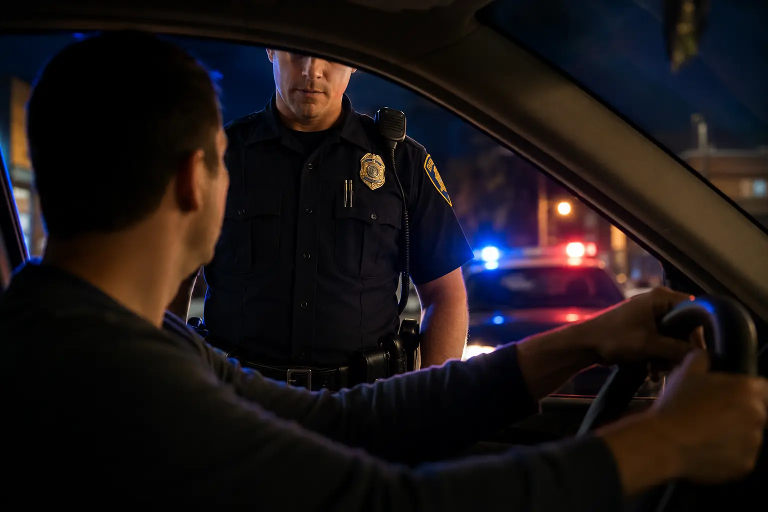 Police officer speaking with a driver through an open car window during a nighttime traffic stop, with red and blue patrol lights visible in the background.