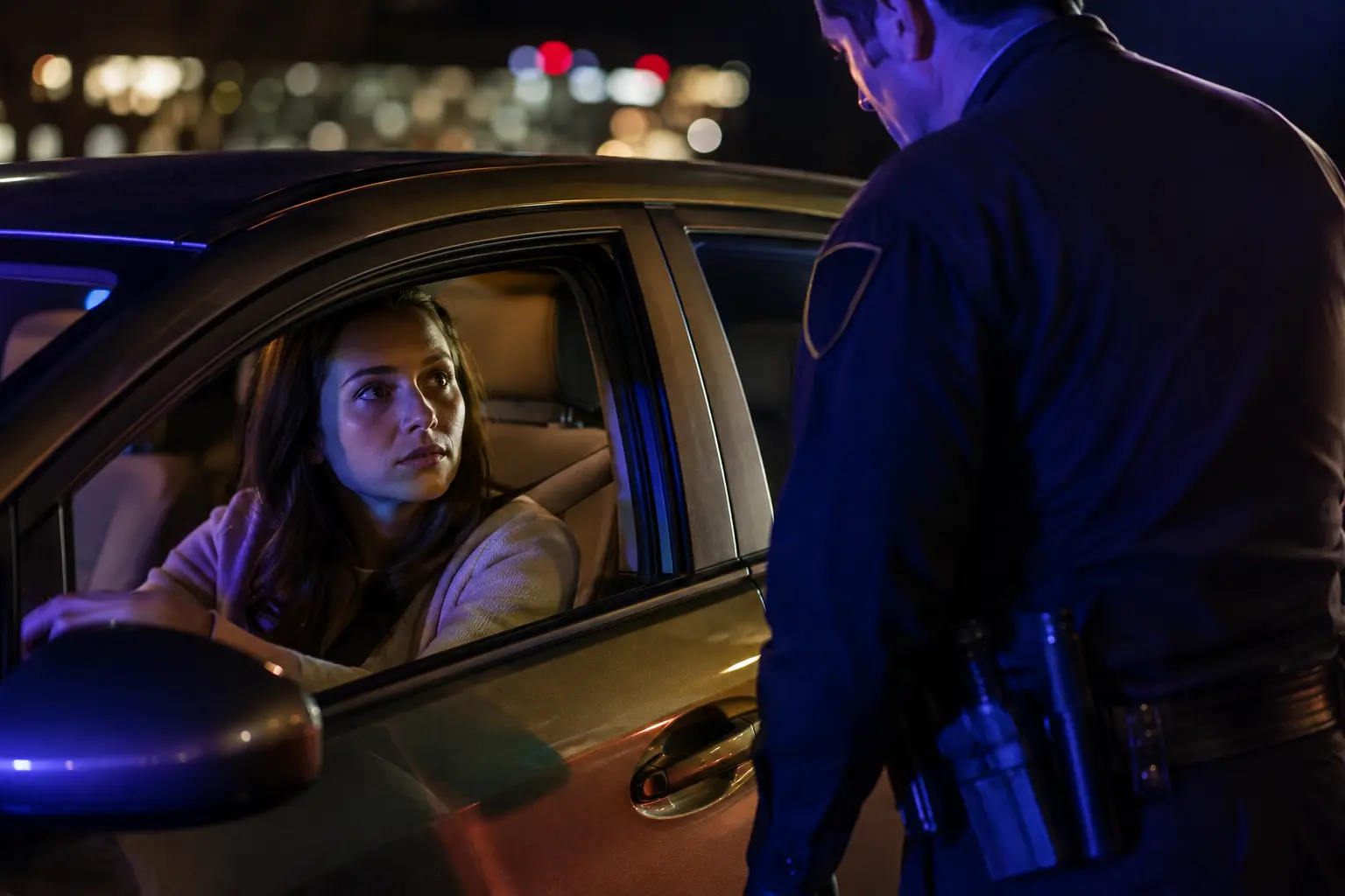 Pennsylvania driver speaking with a police officer during a nighttime traffic stop involving suspected prescription medication impairment.