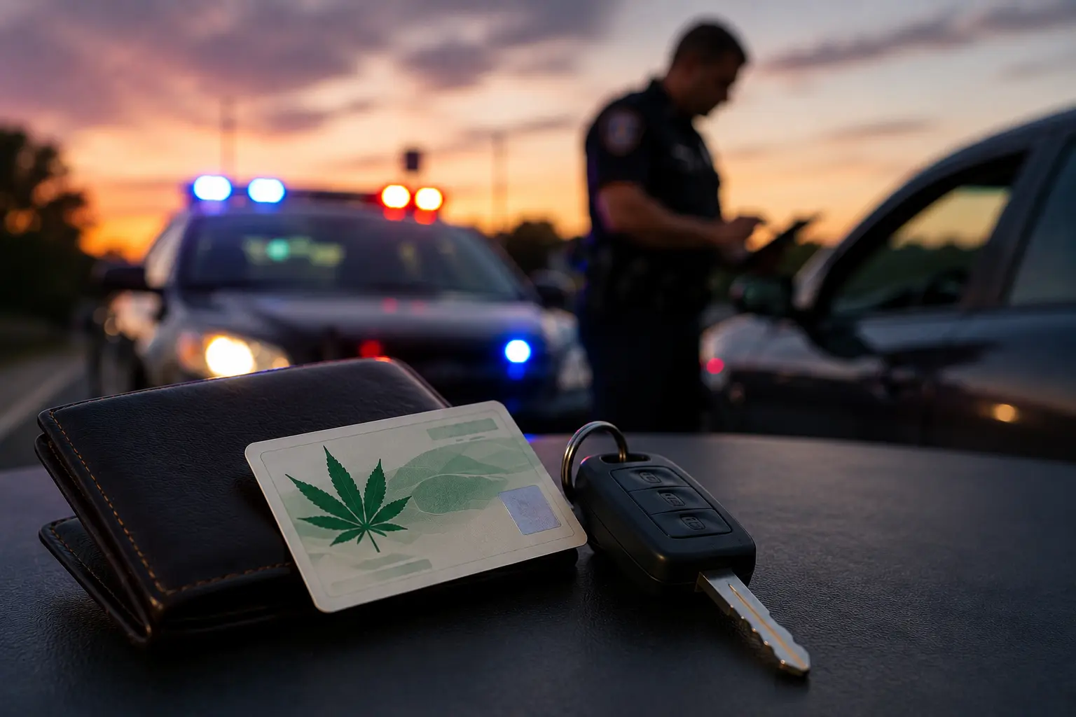 Pennsylvania medical marijuana card and car keys during a roadside DUI traffic stop.