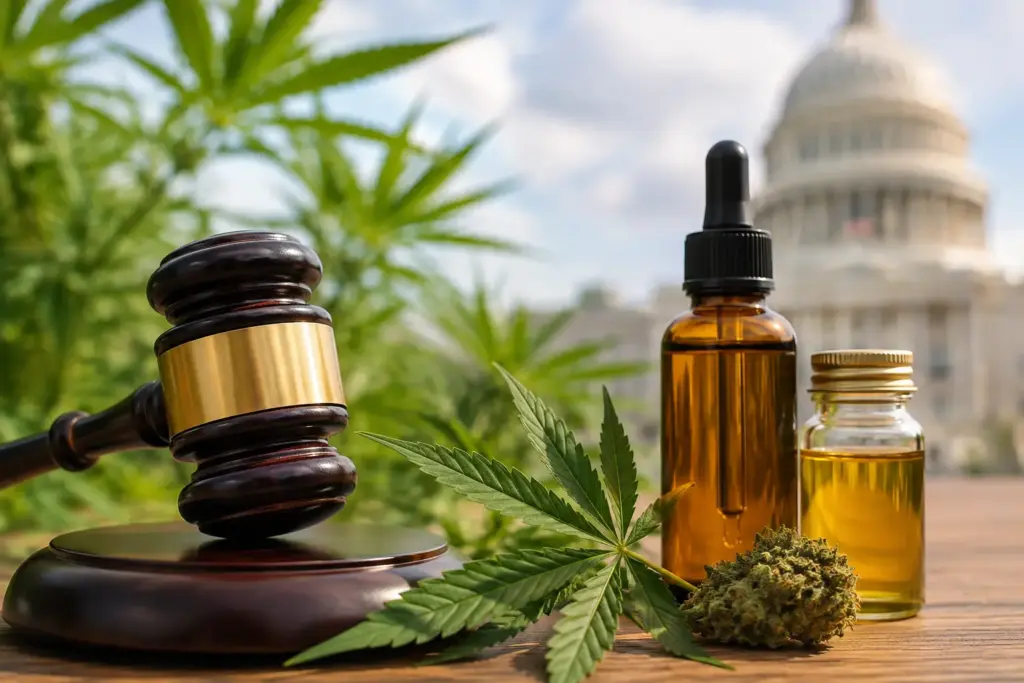 Judge’s gavel beside hemp leaves, cannabis flower, and cannabinoid oil with the United States Capitol in the background.