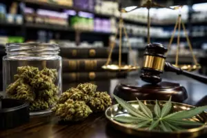 Cannabis flower beside a judge's gavel and scales of justice illustrating THCA law in Pennsylvania.