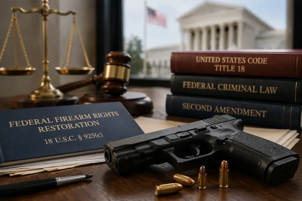 Federal firearm rights restoration under Title 18, Section 925(c), shown with a handgun, legal documents, a gavel, scales of justice, and federal law books.