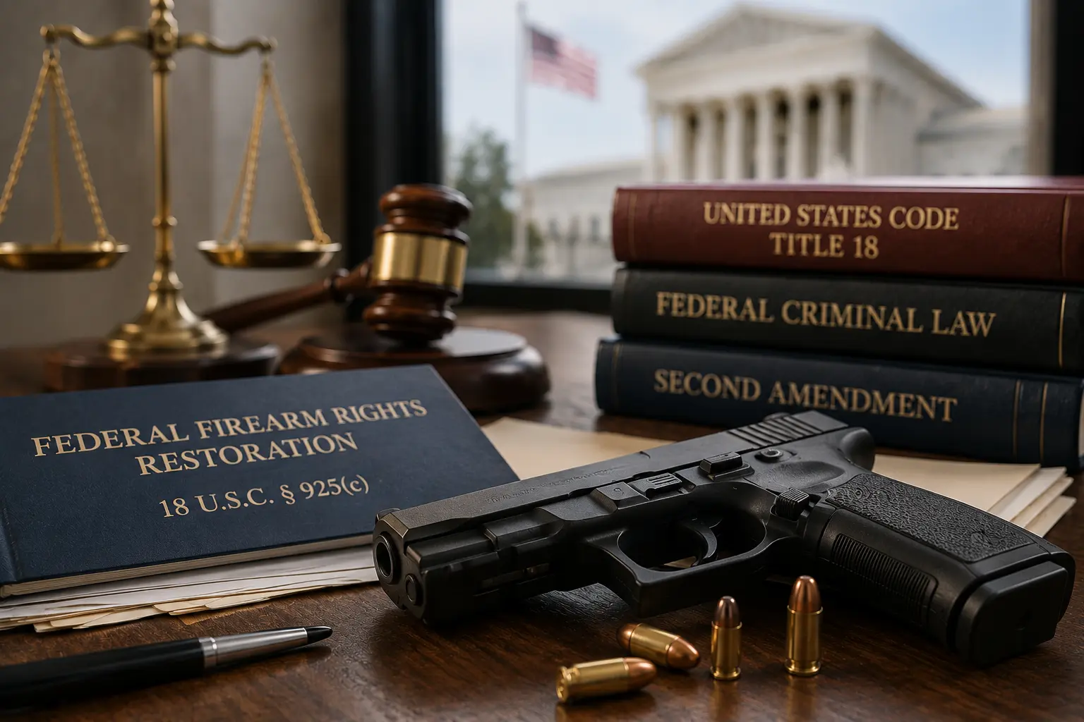 Federal firearm rights restoration under Title 18, Section 925(c), shown with a handgun, legal documents, a gavel, scales of justice, and federal law books.