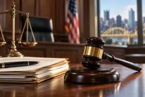 Judge’s gavel, legal documents, and scales of justice in a courtroom with the Pittsburgh skyline in the background, representing federal sentencing and mitigation evidence.