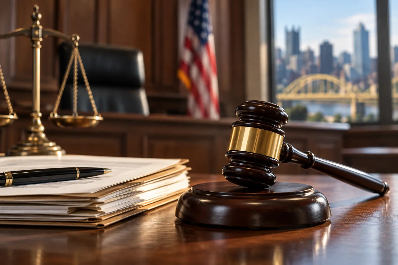 Judge’s gavel, legal documents, and scales of justice in a courtroom with the Pittsburgh skyline in the background, representing federal sentencing and mitigation evidence.