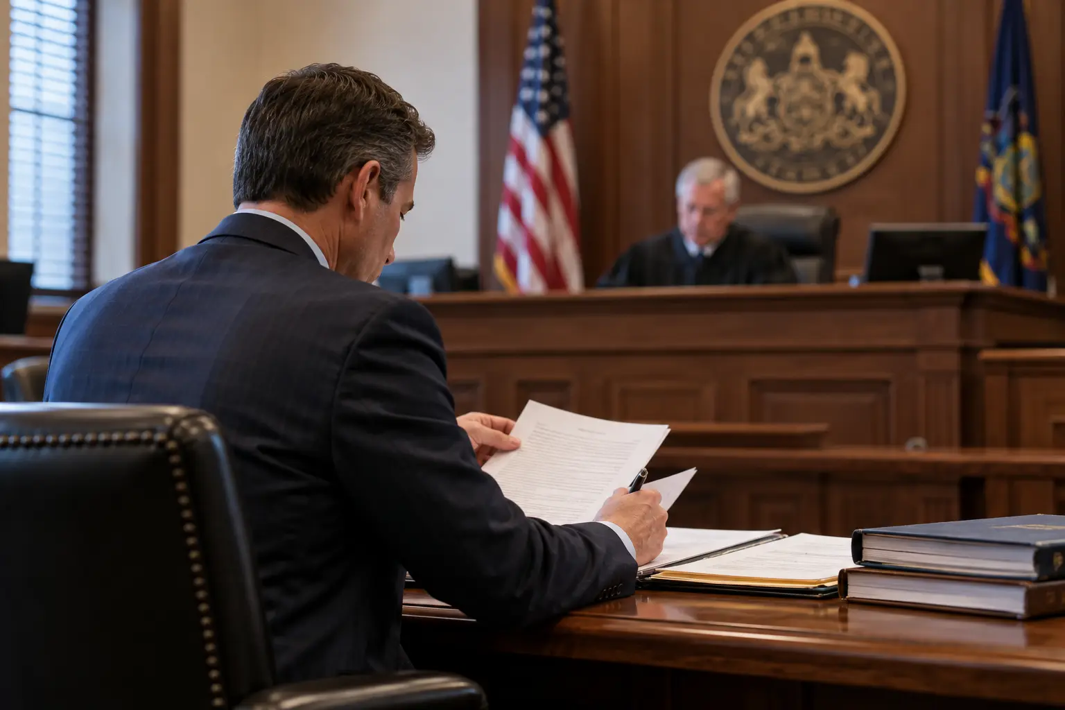Pennsylvania criminal defense attorney reviewing case documents in a courtroom before a pretrial habeas corpus challenge involving constructive possession.