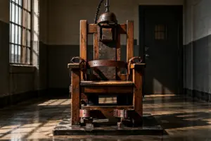 Electric chair in a dimly lit execution chamber, symbolizing capital punishment and the death penalty in Pennsylvania.