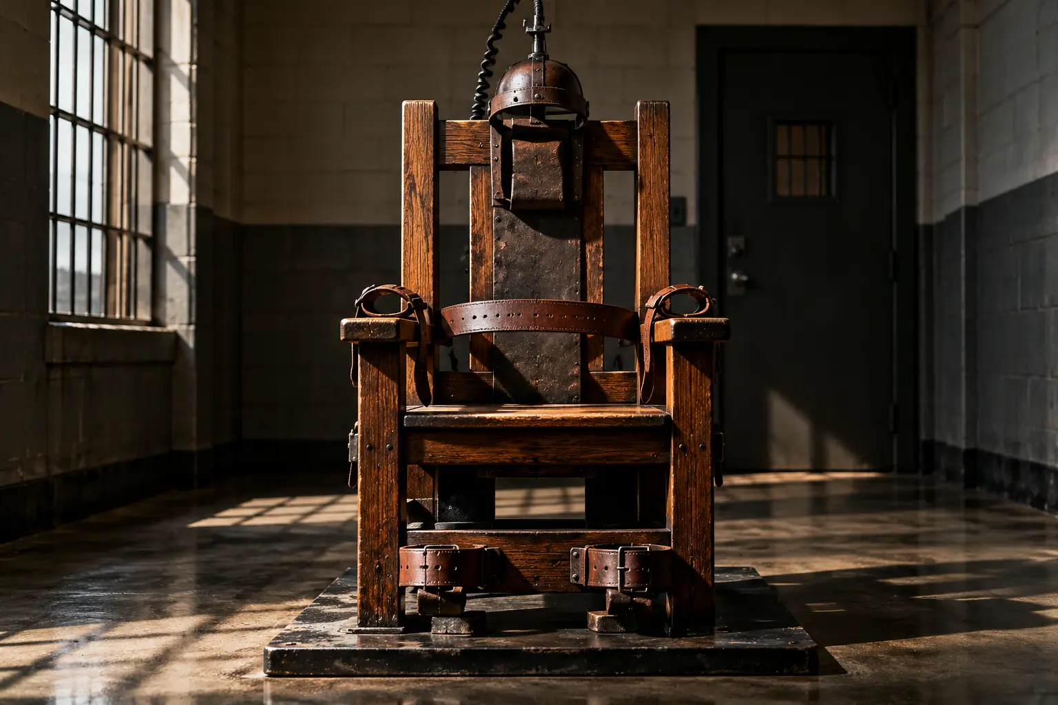 Electric chair in a dimly lit execution chamber, symbolizing capital punishment and the death penalty in Pennsylvania.
