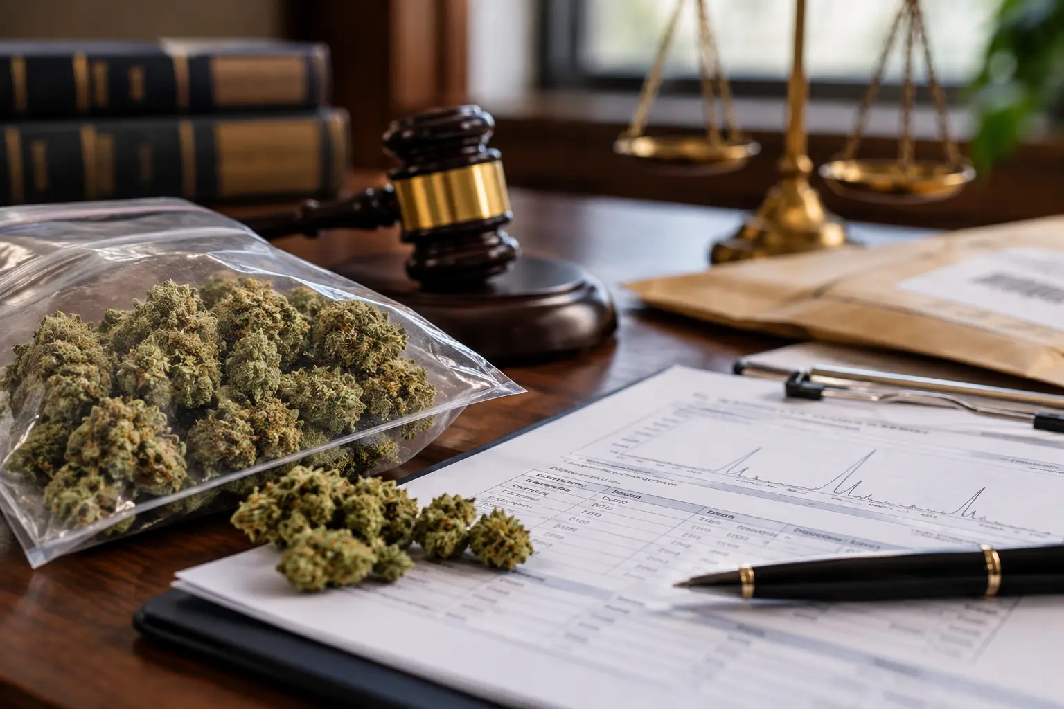 Cannabis flower, laboratory testing documents, and scales of justice illustrating the 2018 Farm Bill and its impact on hemp and cannabis laws in Pennsylvania.