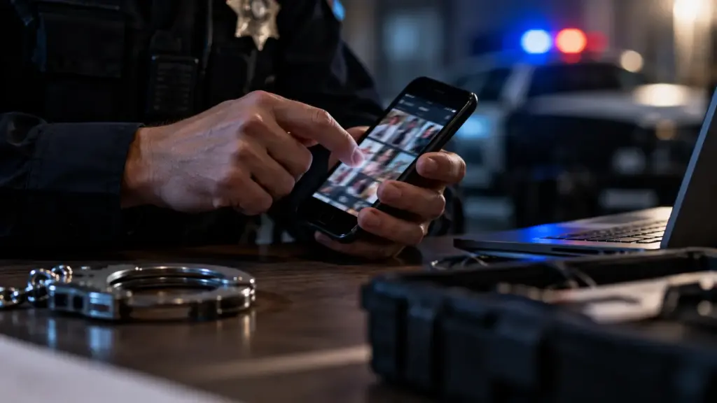 Police officer examining a cellphone during a criminal investigation, illustrating an illegal phone search without a warrant and Fourth Amendment rights in Pennsylvania.
