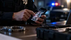 Police officer examining a cellphone during a criminal investigation, illustrating an illegal phone search without a warrant and Fourth Amendment rights in Pennsylvania.