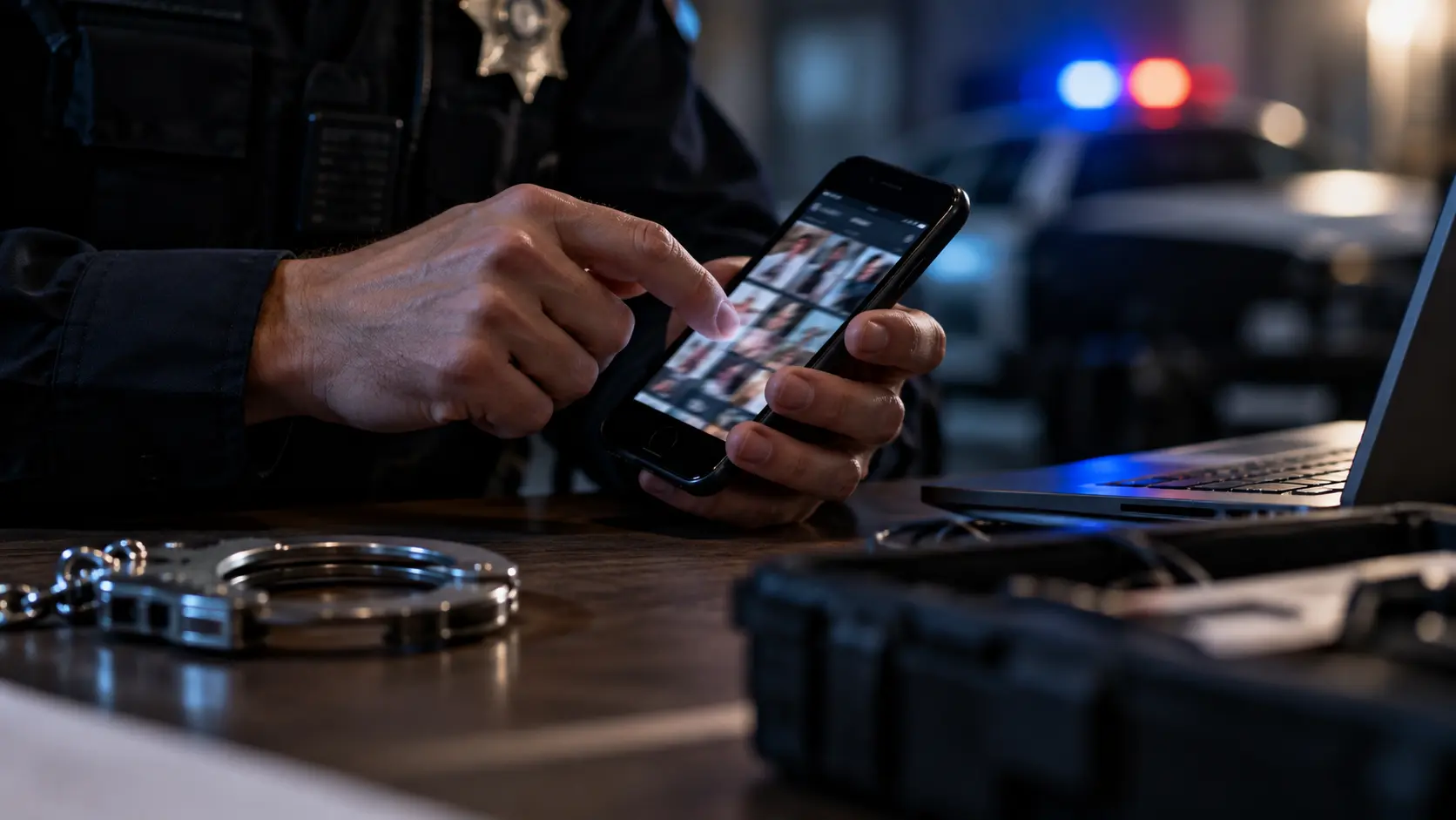 Police officer examining a cellphone during a criminal investigation, illustrating an illegal phone search without a warrant and Fourth Amendment rights in Pennsylvania.