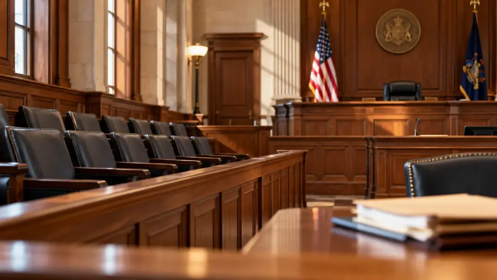 Empty Pennsylvania courtroom featuring a jury box, judge’s bench, and American flag, representing aggravating and mitigating factors in death penalty sentencing.