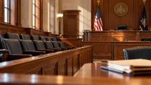 Empty Pennsylvania courtroom featuring a jury box, judge’s bench, and American flag, representing aggravating and mitigating factors in death penalty sentencing.