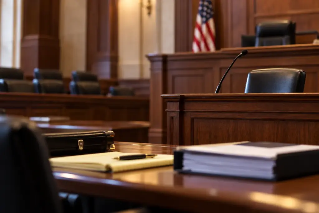 Empty federal courtroom with a witness stand, microphone, legal pad, case files, and attorney briefcase prepared for a criminal trial.