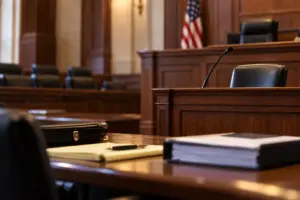 Empty federal courtroom with a witness stand, microphone, legal pad, case files, and attorney briefcase prepared for a criminal trial.
